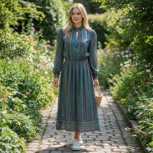 Mavinette Vintage Teal Geometric Stripe Midi Dress Long Sleeve Made  USA Size 4